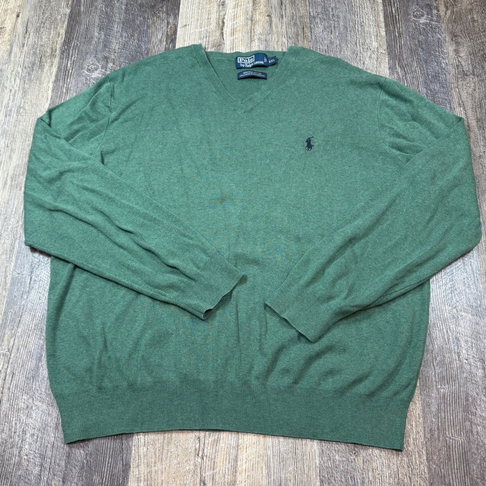 Polo Ralph Lauren Mens Green Pima Cotton V-Neck Sweater XXL Fits XL Pony Logo